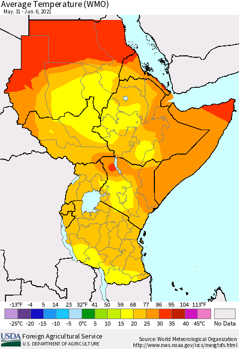 Eastern Africa Average Temperature (WMO) Thematic Map For 5/31/2021 - 6/6/2021
