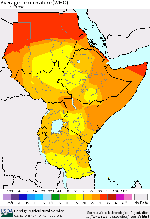 Eastern Africa Average Temperature (WMO) Thematic Map For 6/7/2021 - 6/13/2021