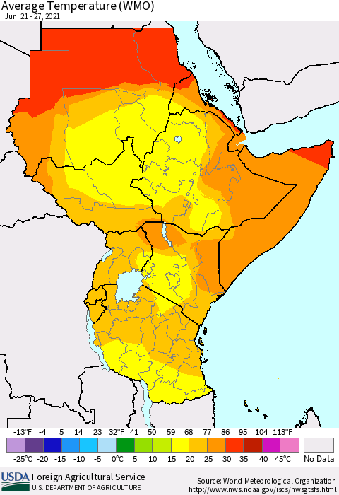 Eastern Africa Average Temperature (WMO) Thematic Map For 6/21/2021 - 6/27/2021