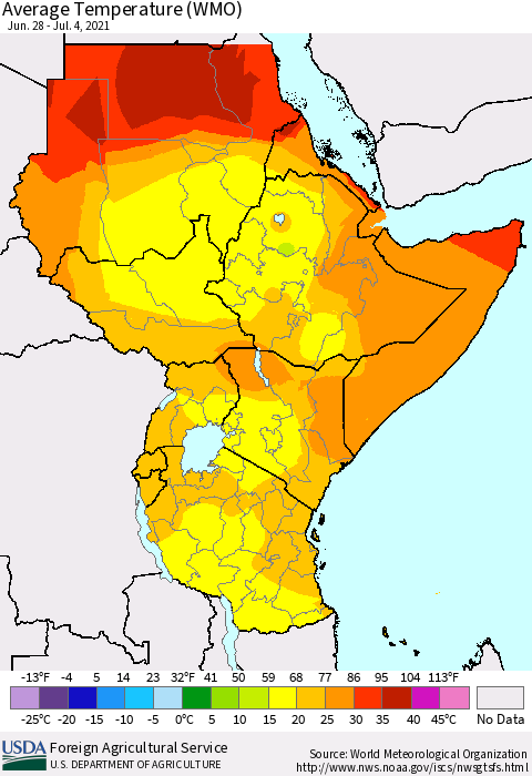 Eastern Africa Average Temperature (WMO) Thematic Map For 6/28/2021 - 7/4/2021