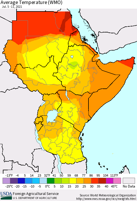 Eastern Africa Average Temperature (WMO) Thematic Map For 7/5/2021 - 7/11/2021