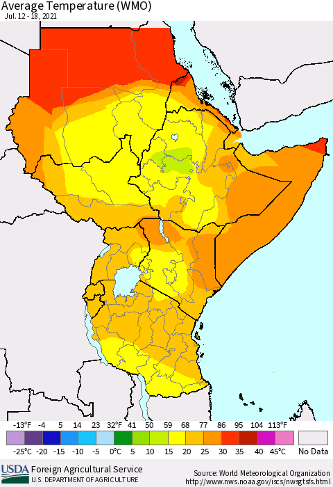Eastern Africa Average Temperature (WMO) Thematic Map For 7/12/2021 - 7/18/2021
