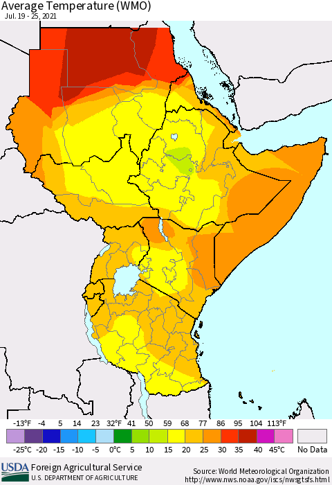 Eastern Africa Average Temperature (WMO) Thematic Map For 7/19/2021 - 7/25/2021