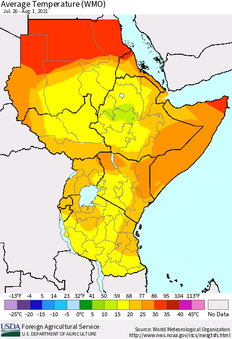Eastern Africa Average Temperature (WMO) Thematic Map For 7/26/2021 - 8/1/2021