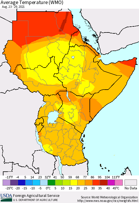 Eastern Africa Average Temperature (WMO) Thematic Map For 8/23/2021 - 8/29/2021
