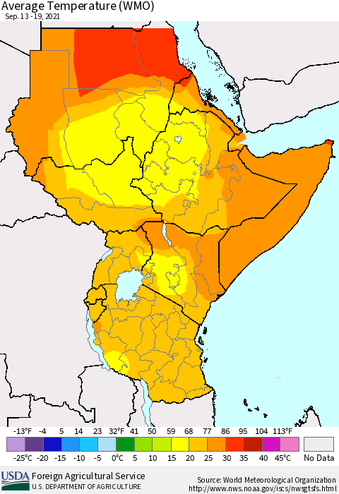 Eastern Africa Average Temperature (WMO) Thematic Map For 9/13/2021 - 9/19/2021
