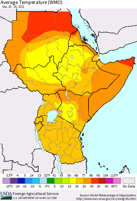 Eastern Africa Average Temperature (WMO) Thematic Map For 9/20/2021 - 9/26/2021