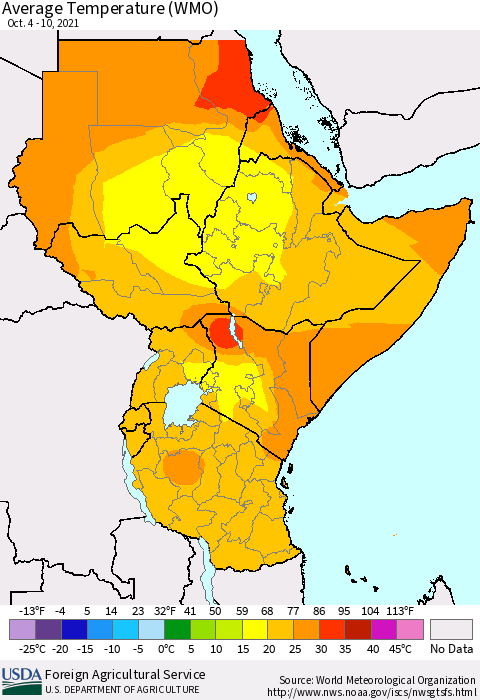 Eastern Africa Average Temperature (WMO) Thematic Map For 10/4/2021 - 10/10/2021