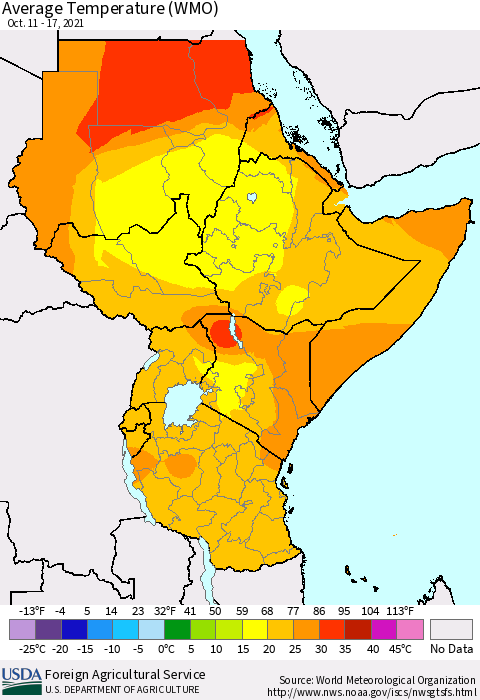 Eastern Africa Average Temperature (WMO) Thematic Map For 10/11/2021 - 10/17/2021