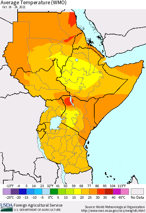 Eastern Africa Average Temperature (WMO) Thematic Map For 10/18/2021 - 10/24/2021