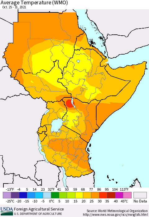 Eastern Africa Average Temperature (WMO) Thematic Map For 10/25/2021 - 10/31/2021