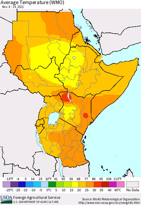 Eastern Africa Average Temperature (WMO) Thematic Map For 11/8/2021 - 11/14/2021