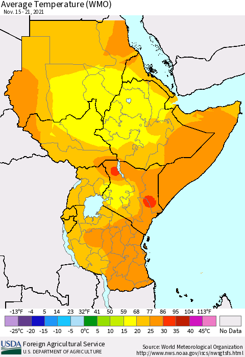 Eastern Africa Average Temperature (WMO) Thematic Map For 11/15/2021 - 11/21/2021