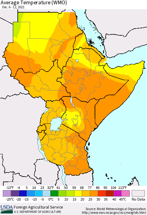 Eastern Africa Average Temperature (WMO) Thematic Map For 12/6/2021 - 12/12/2021