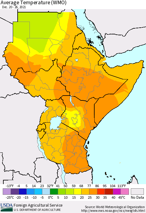 Eastern Africa Average Temperature (WMO) Thematic Map For 12/20/2021 - 12/26/2021