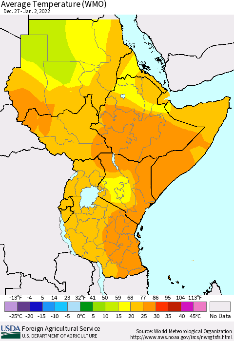 Eastern Africa Average Temperature (WMO) Thematic Map For 12/27/2021 - 1/2/2022