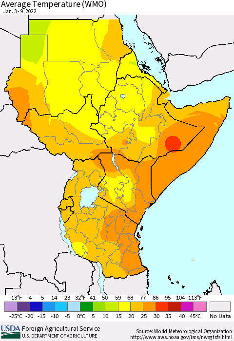 Eastern Africa Average Temperature (WMO) Thematic Map For 1/3/2022 - 1/9/2022