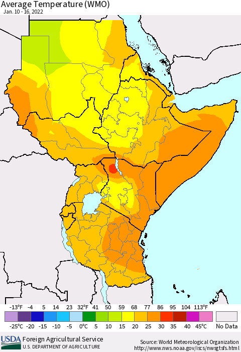 Eastern Africa Average Temperature (WMO) Thematic Map For 1/10/2022 - 1/16/2022