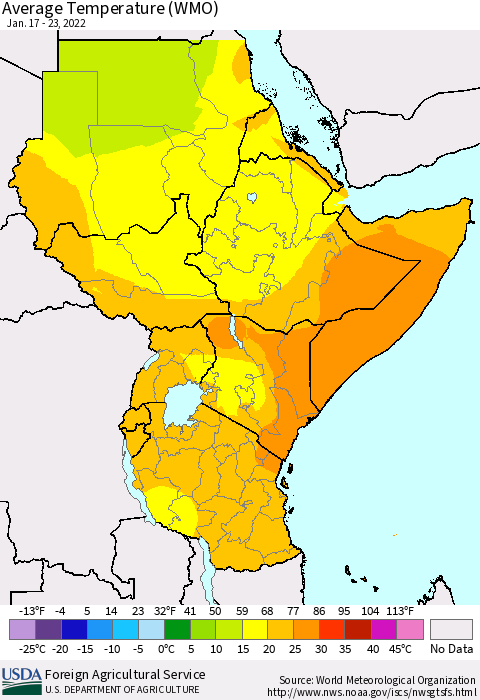 Eastern Africa Average Temperature (WMO) Thematic Map For 1/17/2022 - 1/23/2022