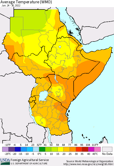 Eastern Africa Average Temperature (WMO) Thematic Map For 1/24/2022 - 1/30/2022