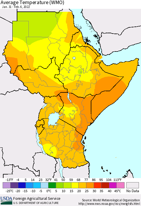Eastern Africa Average Temperature (WMO) Thematic Map For 1/31/2022 - 2/6/2022