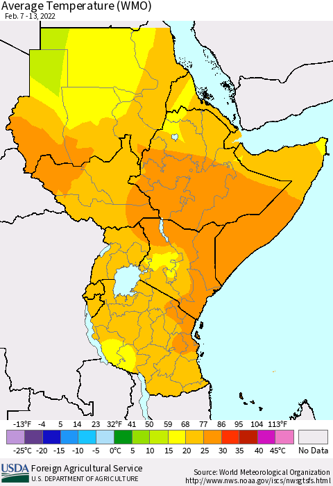 Eastern Africa Average Temperature (WMO) Thematic Map For 2/7/2022 - 2/13/2022