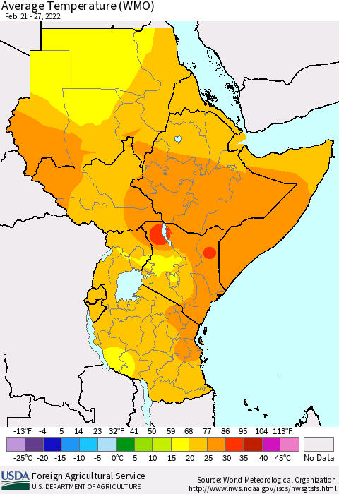 Eastern Africa Average Temperature (WMO) Thematic Map For 2/21/2022 - 2/27/2022
