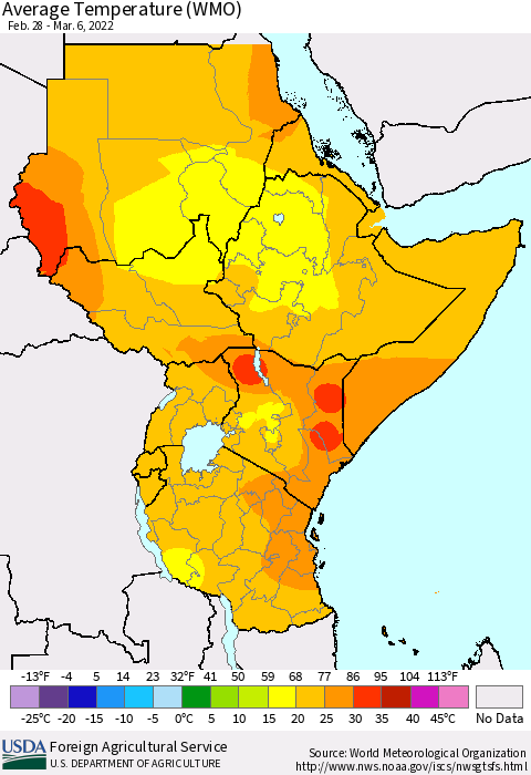 Eastern Africa Average Temperature (WMO) Thematic Map For 2/28/2022 - 3/6/2022