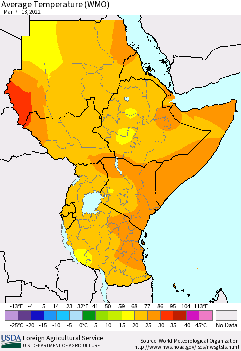 Eastern Africa Average Temperature (WMO) Thematic Map For 3/7/2022 - 3/13/2022