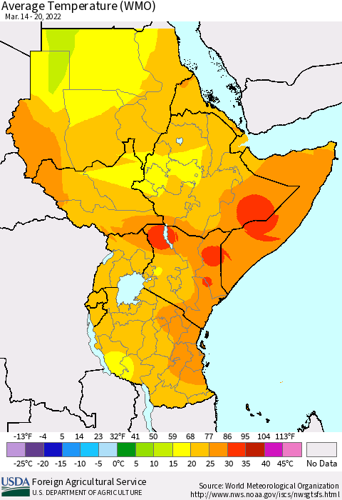 Eastern Africa Average Temperature (WMO) Thematic Map For 3/14/2022 - 3/20/2022
