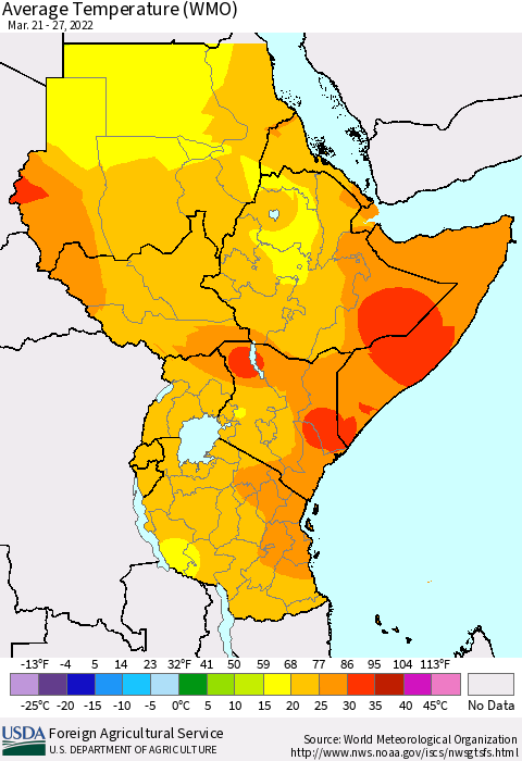 Eastern Africa Average Temperature (WMO) Thematic Map For 3/21/2022 - 3/27/2022