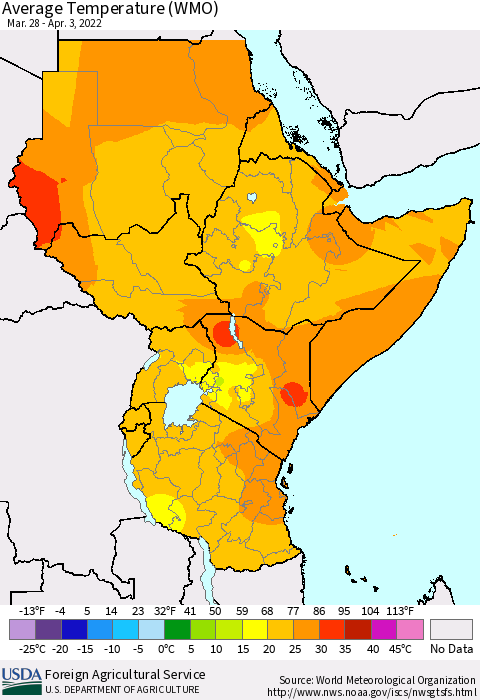 Eastern Africa Average Temperature (WMO) Thematic Map For 3/28/2022 - 4/3/2022