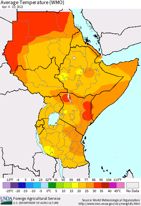 Eastern Africa Average Temperature (WMO) Thematic Map For 4/4/2022 - 4/10/2022