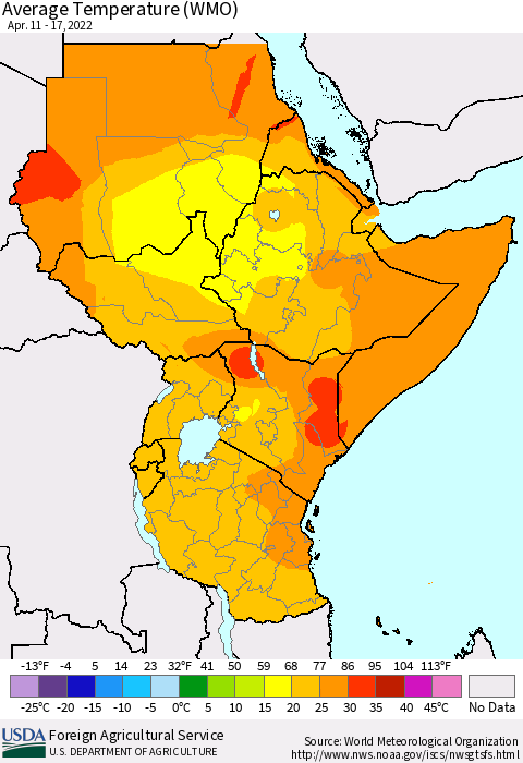 Eastern Africa Average Temperature (WMO) Thematic Map For 4/11/2022 - 4/17/2022