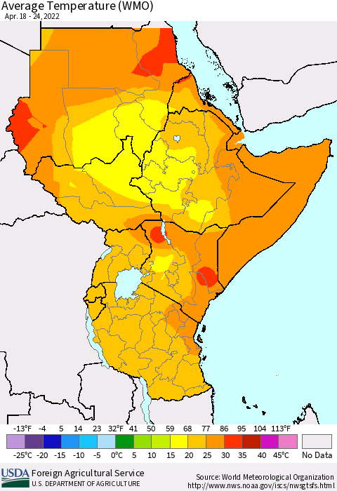 Eastern Africa Average Temperature (WMO) Thematic Map For 4/18/2022 - 4/24/2022