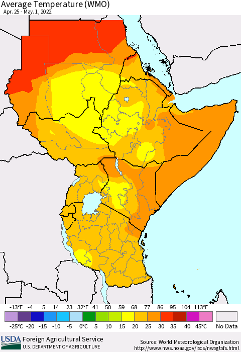 Eastern Africa Average Temperature (WMO) Thematic Map For 4/25/2022 - 5/1/2022