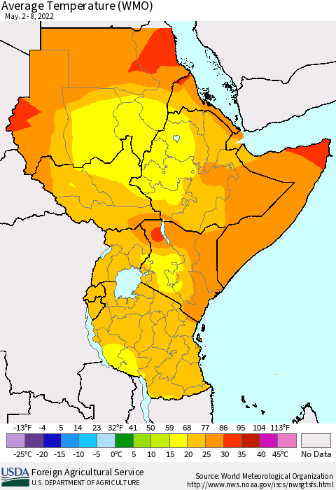 Eastern Africa Average Temperature (WMO) Thematic Map For 5/2/2022 - 5/8/2022