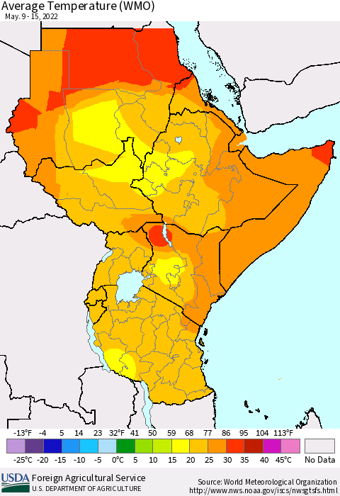 Eastern Africa Average Temperature (WMO) Thematic Map For 5/9/2022 - 5/15/2022