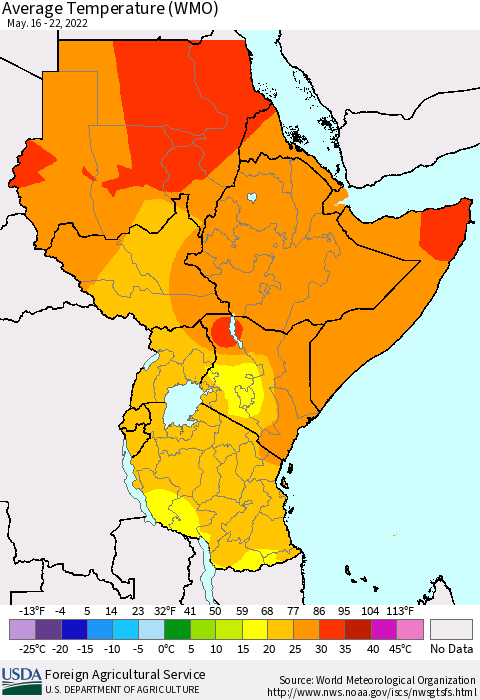 Eastern Africa Average Temperature (WMO) Thematic Map For 5/16/2022 - 5/22/2022