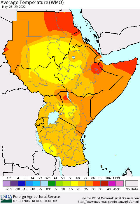 Eastern Africa Average Temperature (WMO) Thematic Map For 5/23/2022 - 5/29/2022