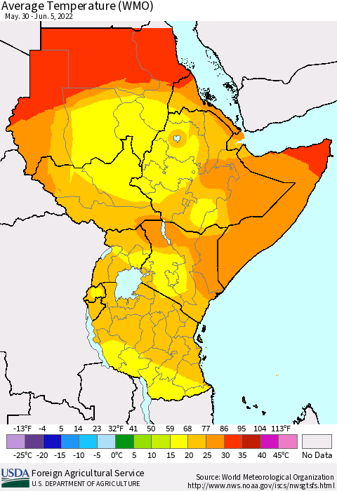 Eastern Africa Average Temperature (WMO) Thematic Map For 5/30/2022 - 6/5/2022