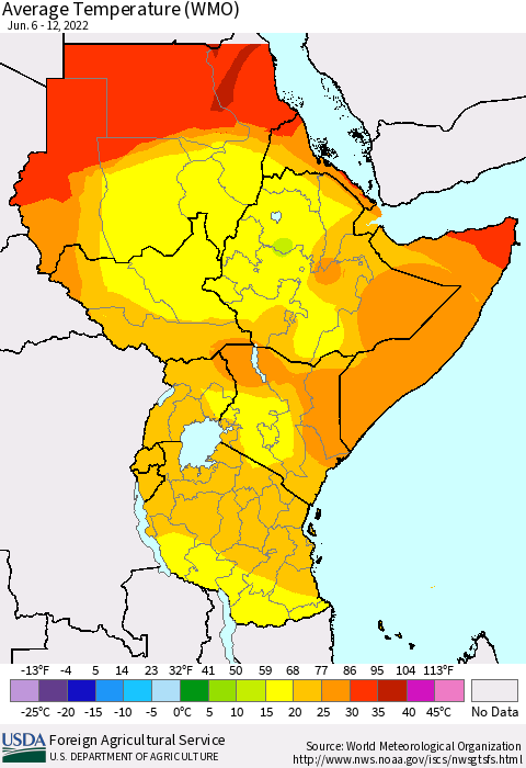 Eastern Africa Average Temperature (WMO) Thematic Map For 6/6/2022 - 6/12/2022