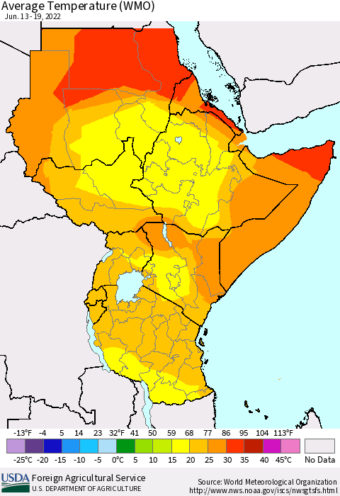 Eastern Africa Average Temperature (WMO) Thematic Map For 6/13/2022 - 6/19/2022
