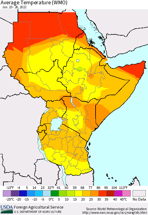 Eastern Africa Average Temperature (WMO) Thematic Map For 6/20/2022 - 6/26/2022
