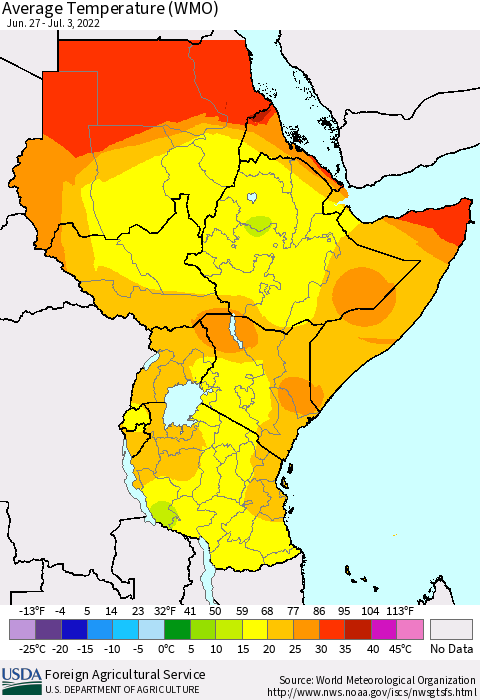 Eastern Africa Average Temperature (WMO) Thematic Map For 6/27/2022 - 7/3/2022