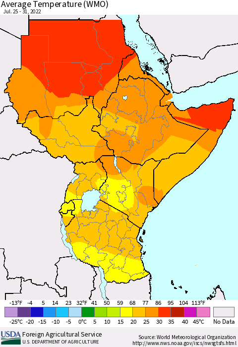 Eastern Africa Average Temperature (WMO) Thematic Map For 7/25/2022 - 7/31/2022