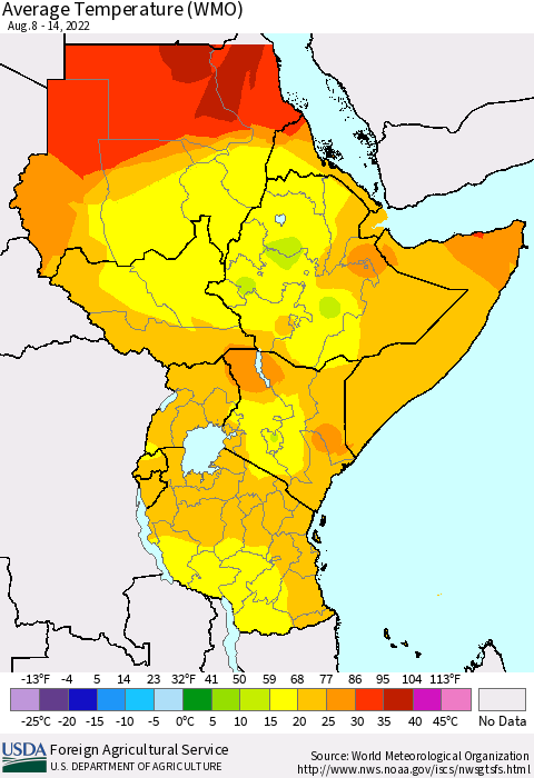 Eastern Africa Average Temperature (WMO) Thematic Map For 8/8/2022 - 8/14/2022