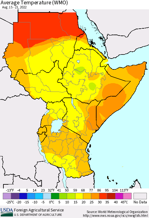 Eastern Africa Average Temperature (WMO) Thematic Map For 8/15/2022 - 8/21/2022