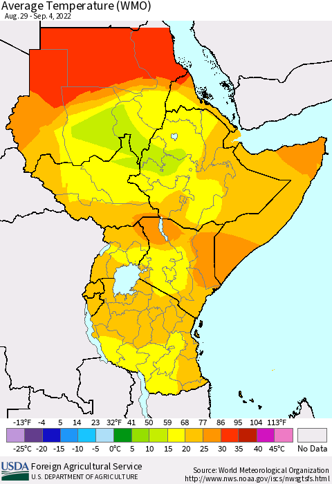 Eastern Africa Average Temperature (WMO) Thematic Map For 8/29/2022 - 9/4/2022