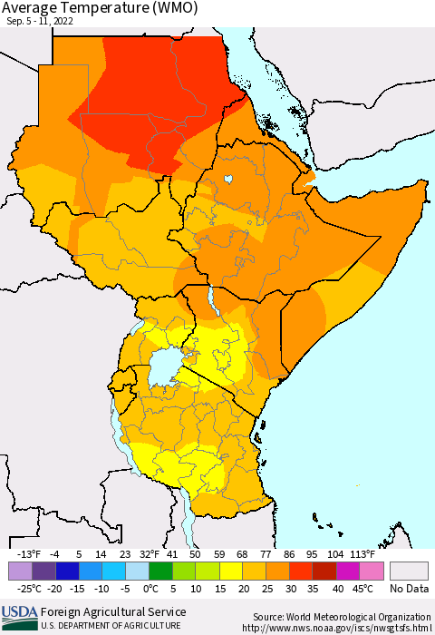 Eastern Africa Average Temperature (WMO) Thematic Map For 9/5/2022 - 9/11/2022